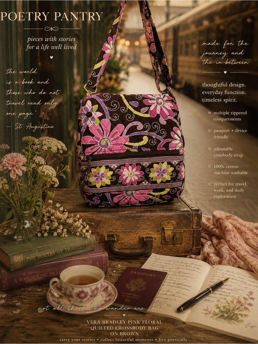 Vera Bradley Pink Floral Quilted Crossbody on Brown
